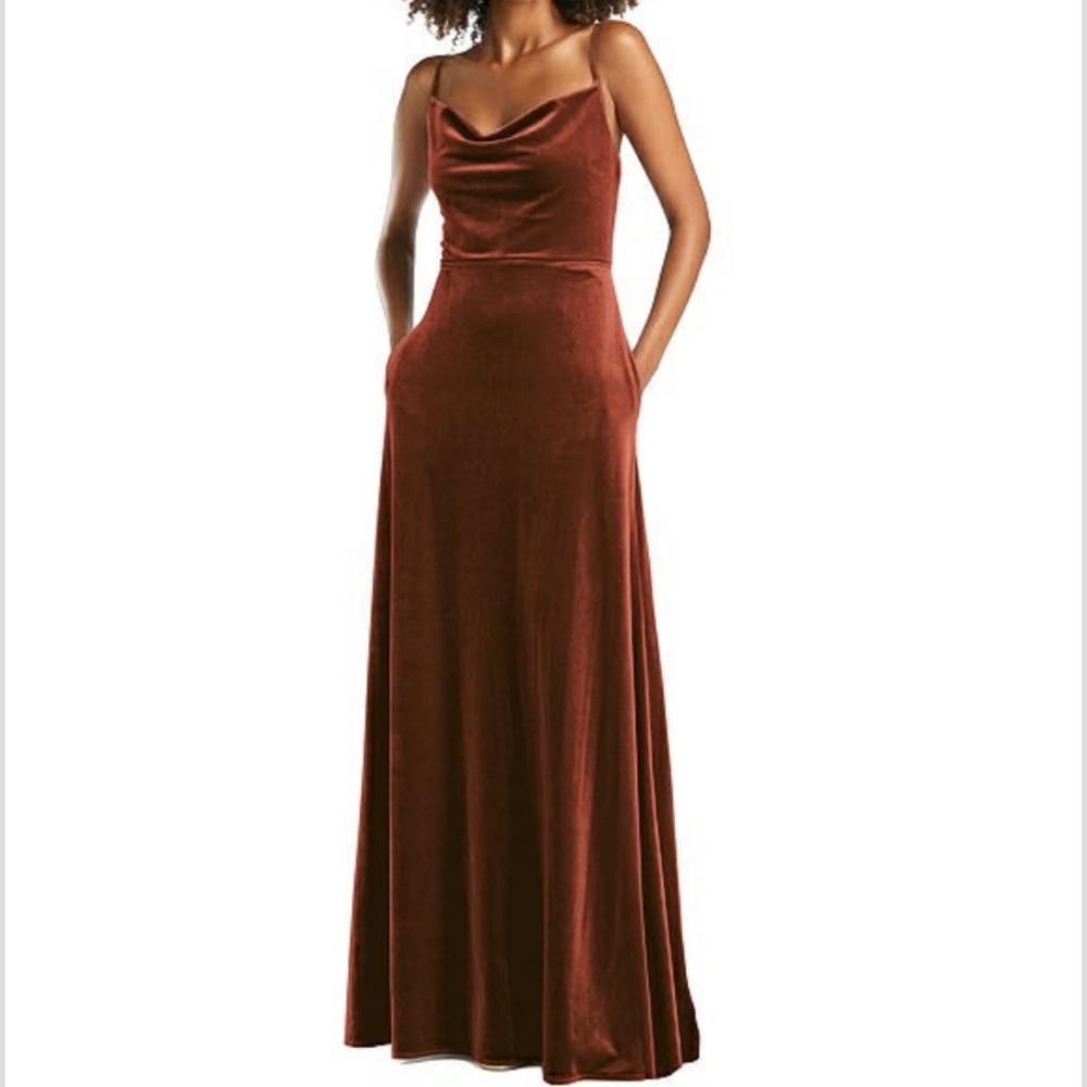 Dessy Group, After six style 1541, cowl neck velvet maxi dress with pockets